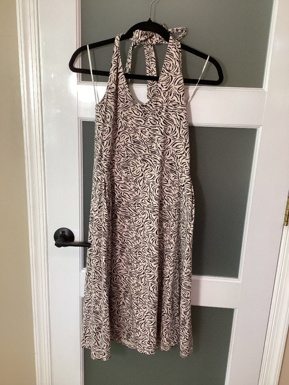 PACT Women's Windswept Oat Fit & Flare Halter Dress M - Pockets! Tie Neck
